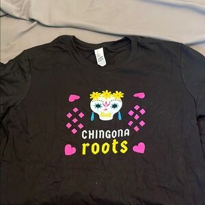 District Black Chingona Roots Tee with Pink and Yellow Accents